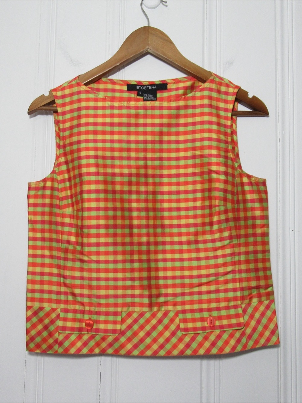 Etcetera Orange and Yellow Gingham Silk Sleeveless Top Size 4